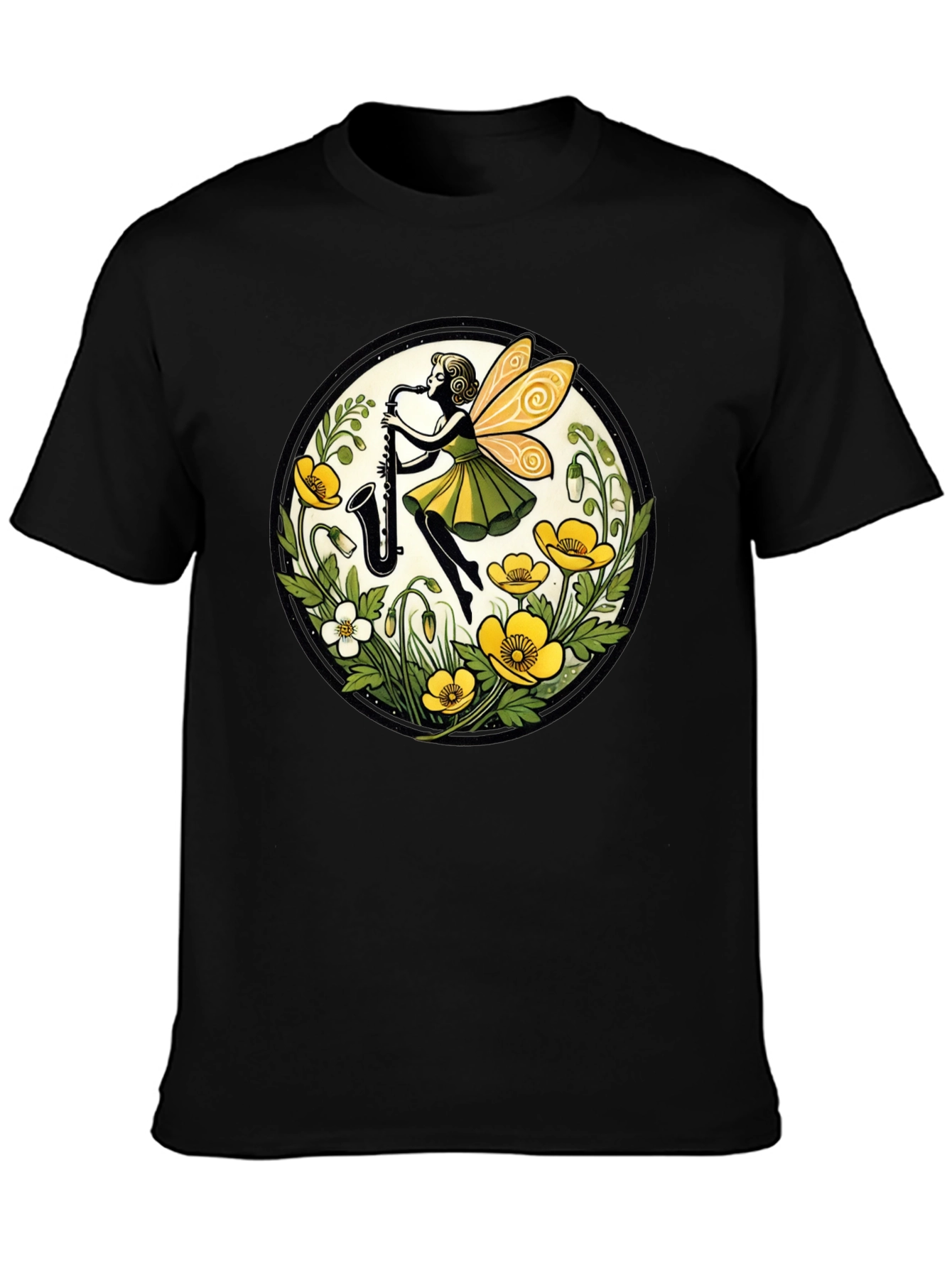 Fairy Sax Player Graphic Tee - Whimsical Black T-Shirt