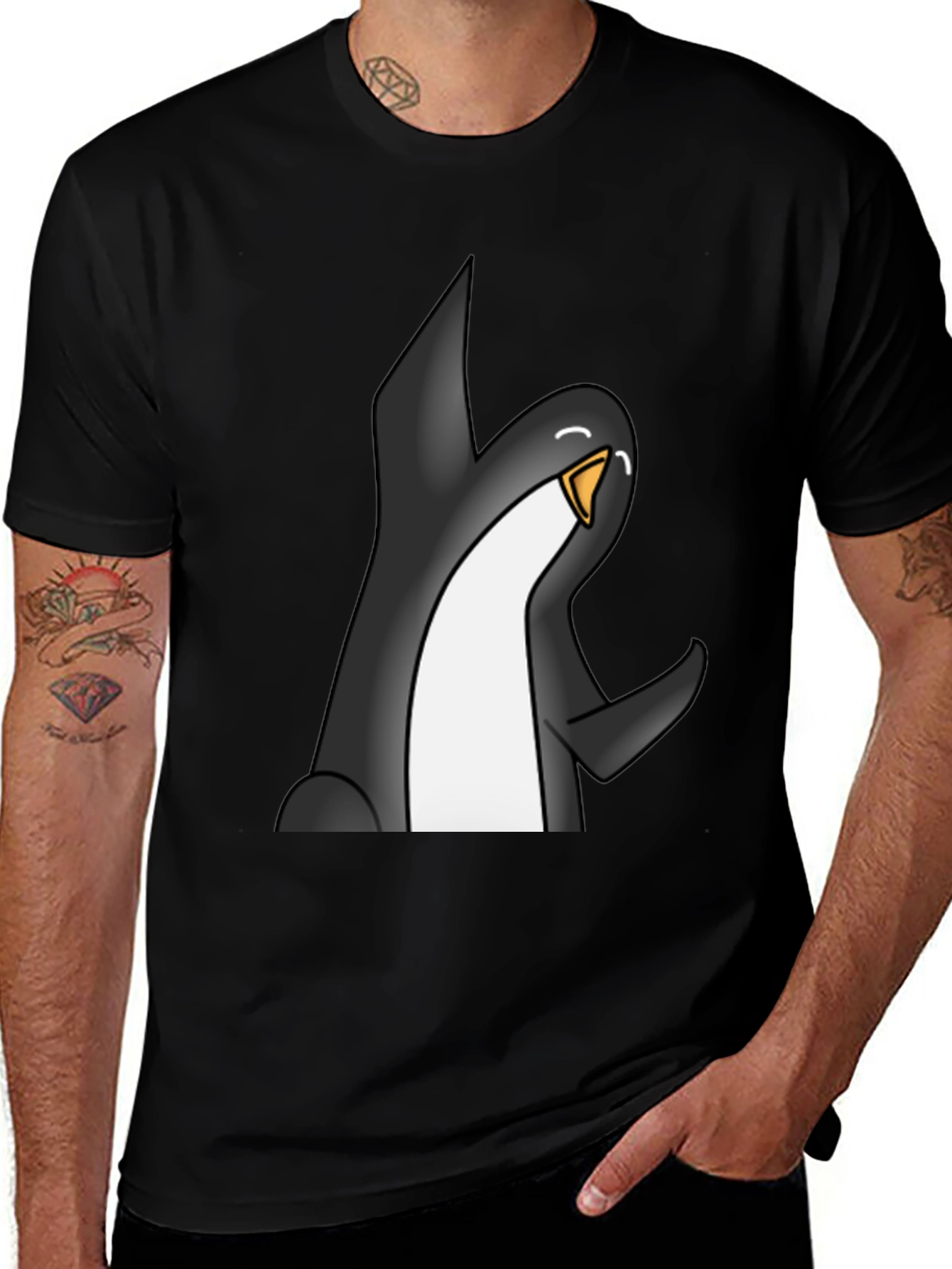 Cartoon Penguin Graphic Tee - Black Casual T-Shirt