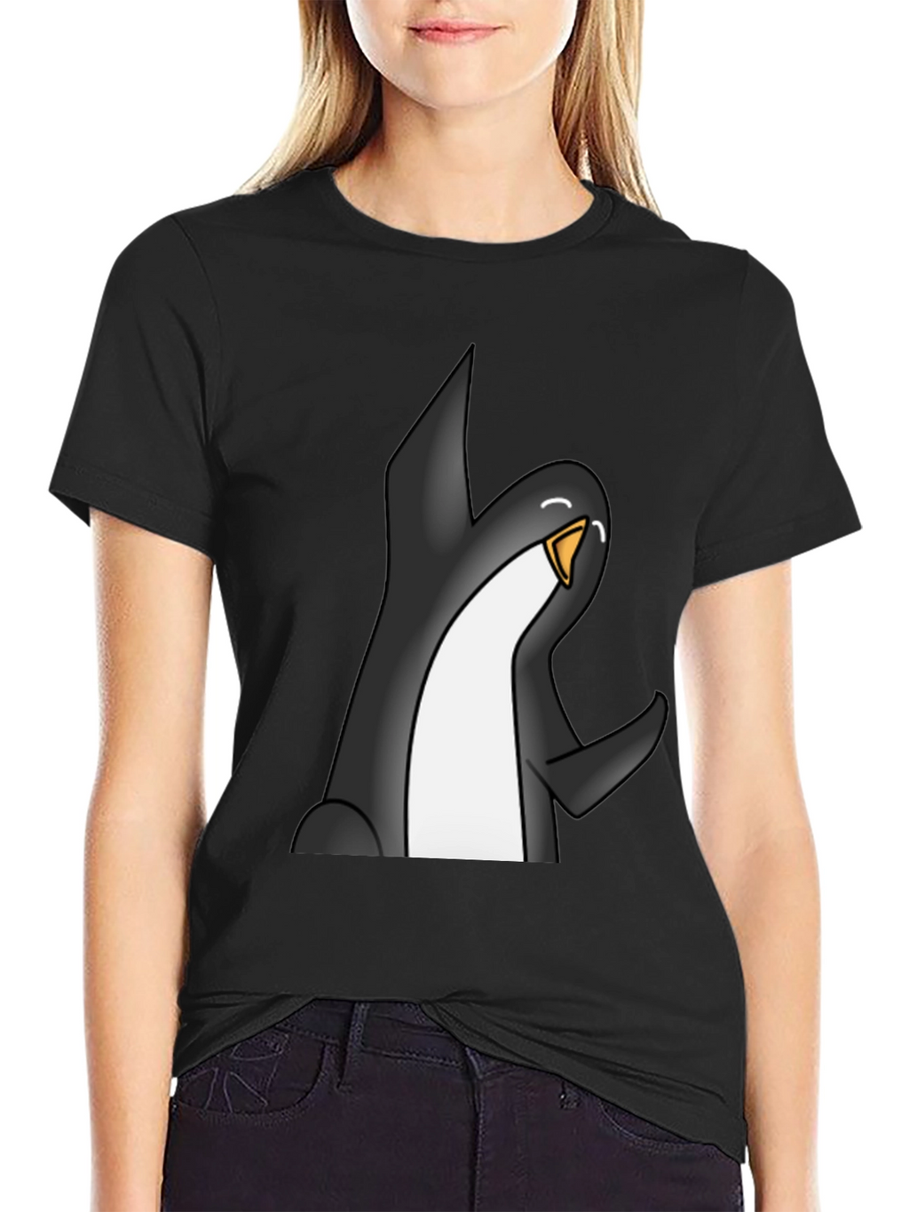 Cartoon Penguin Graphic Tee - Black Casual T-Shirt
