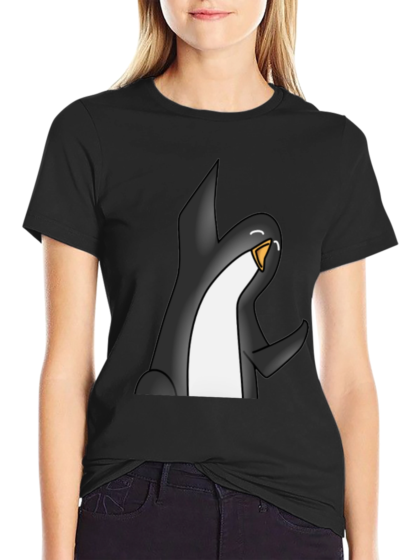 Cartoon Penguin Graphic Tee - Black Casual T-Shirt