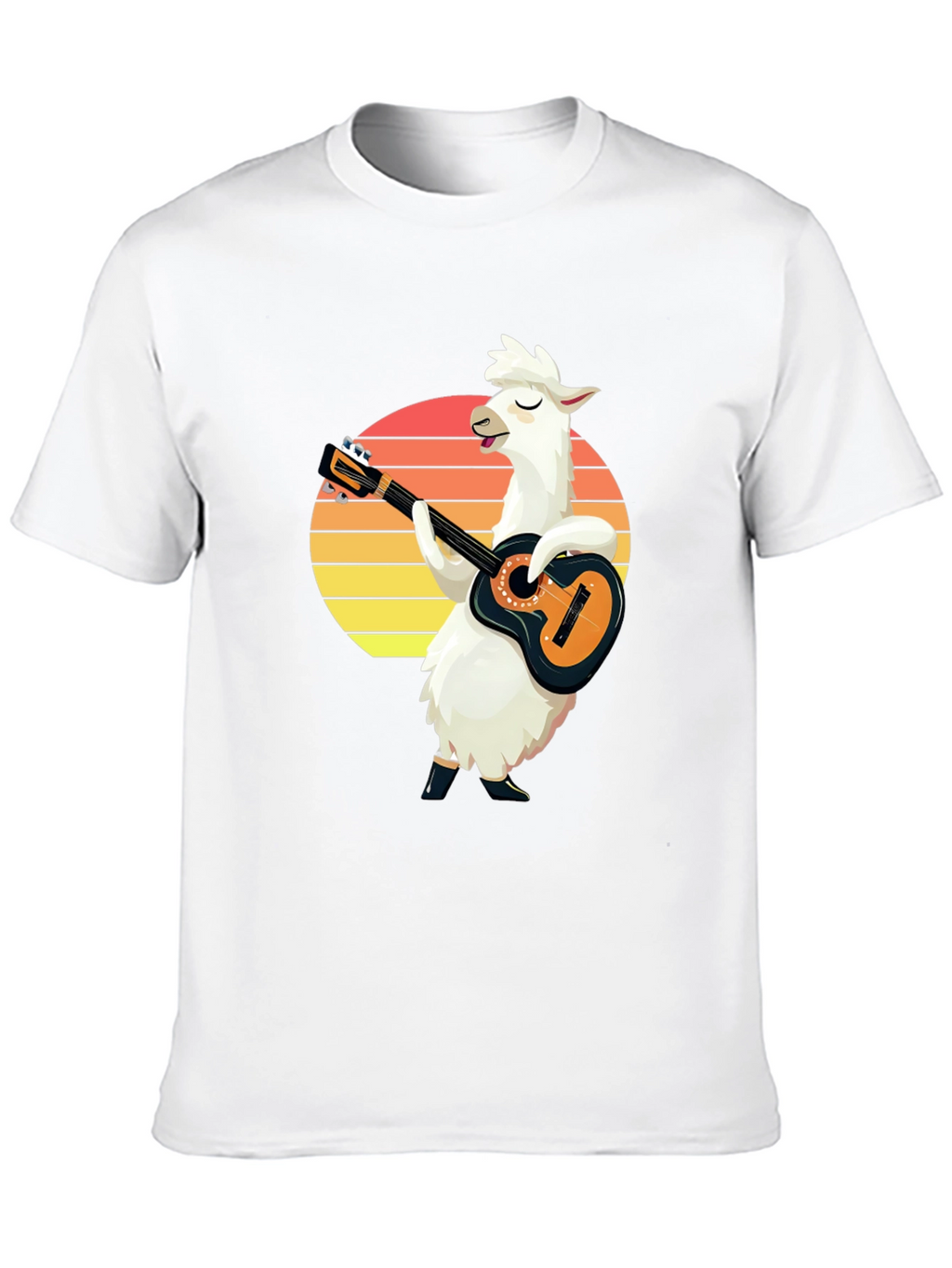 Llama Guitarist T-Shirt - Retro Sunset Black Tee