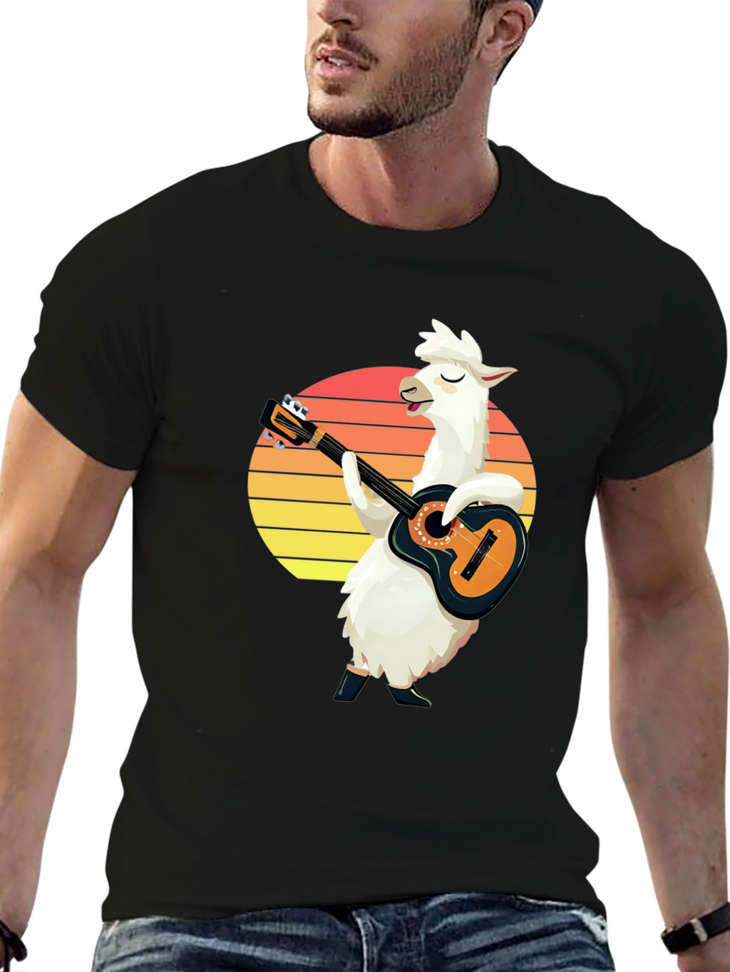 Llama Guitarist T-Shirt - Retro Sunset Black Tee