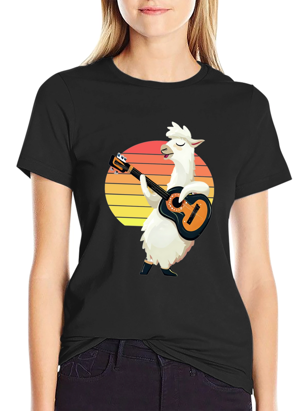 Llama Guitarist T-Shirt - Retro Sunset Black Tee