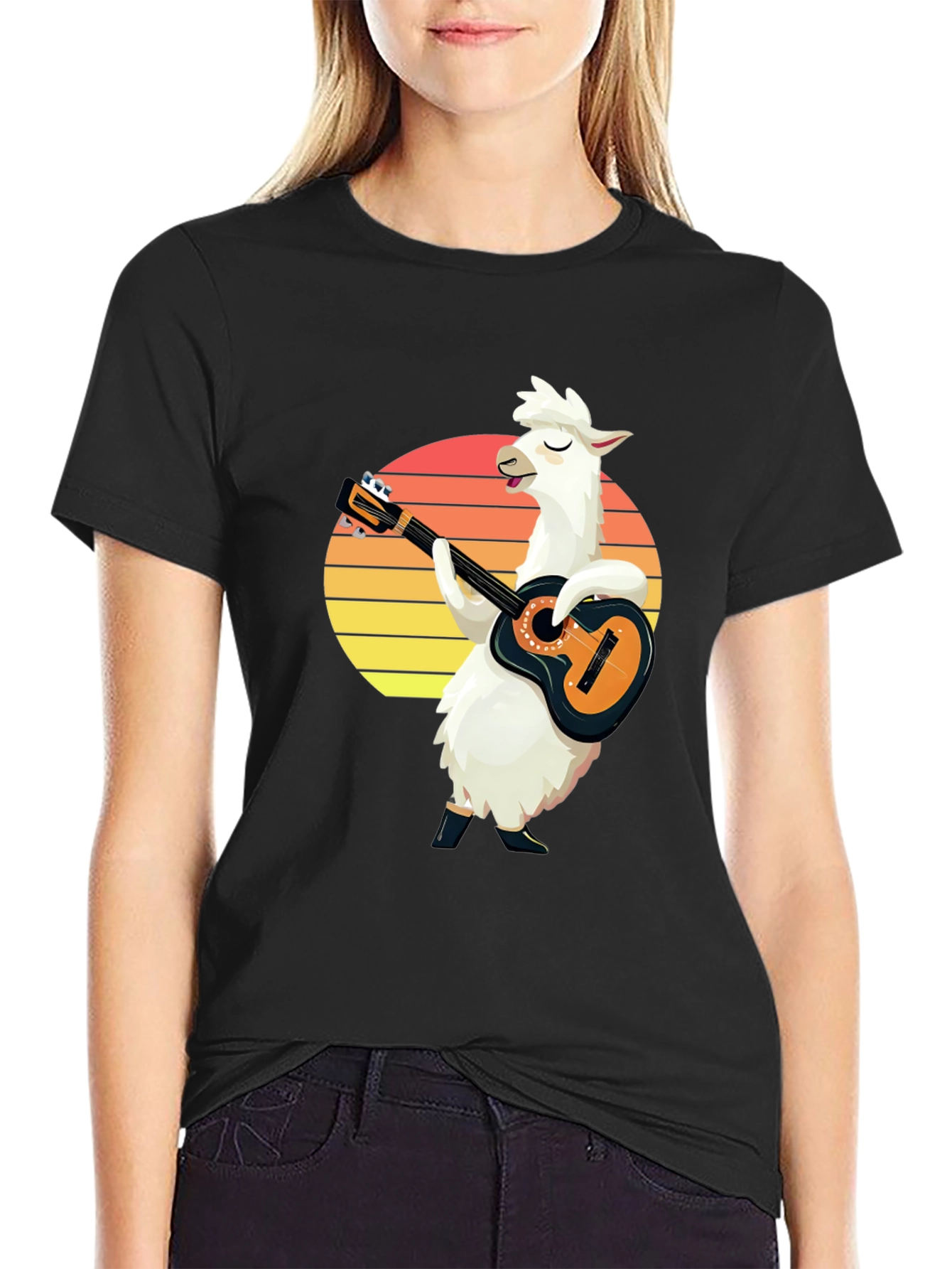 Llama Guitarist T-Shirt - Retro Sunset Black Tee