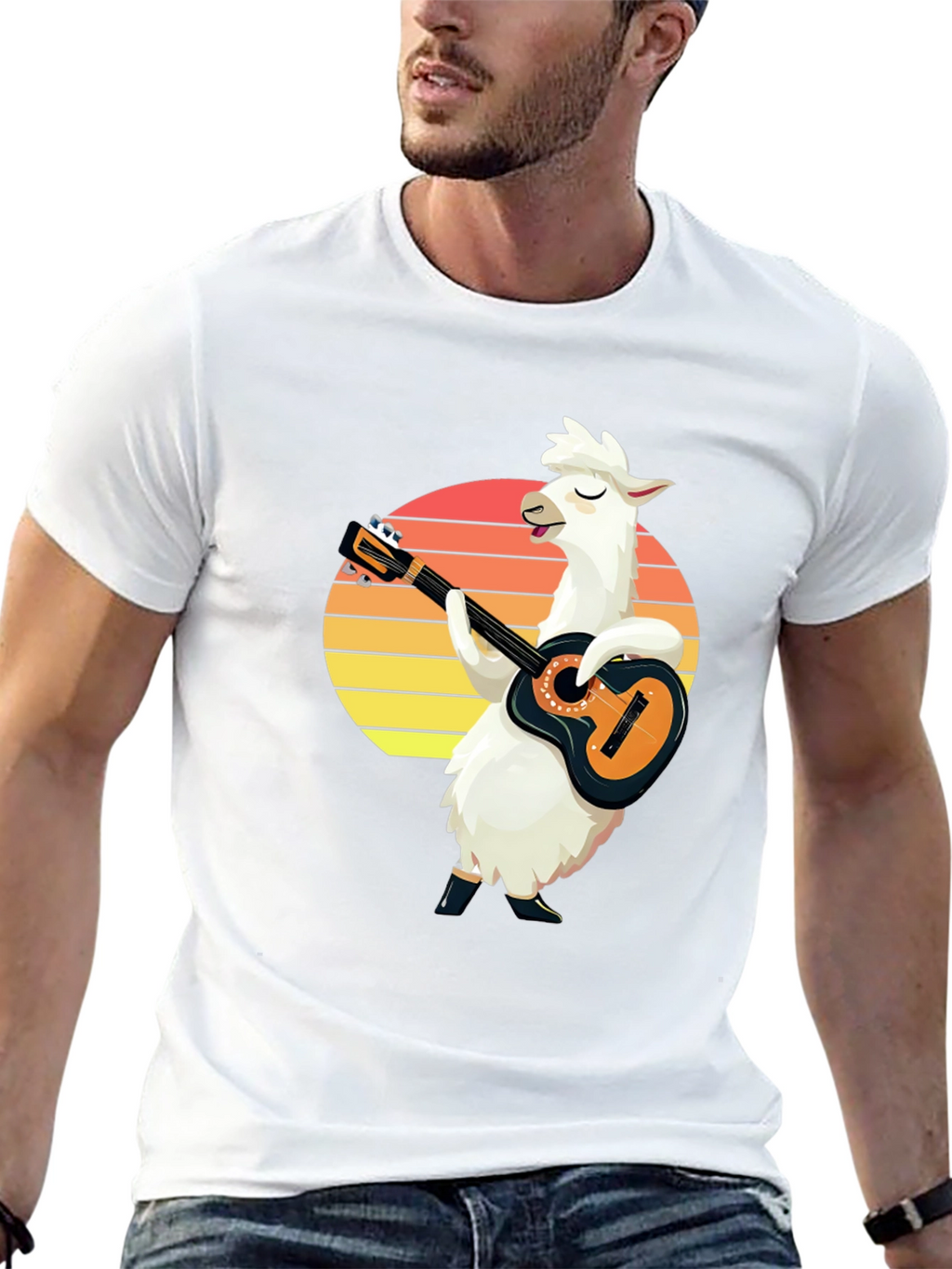 Llama Guitarist T-Shirt - Retro Sunset Black Tee