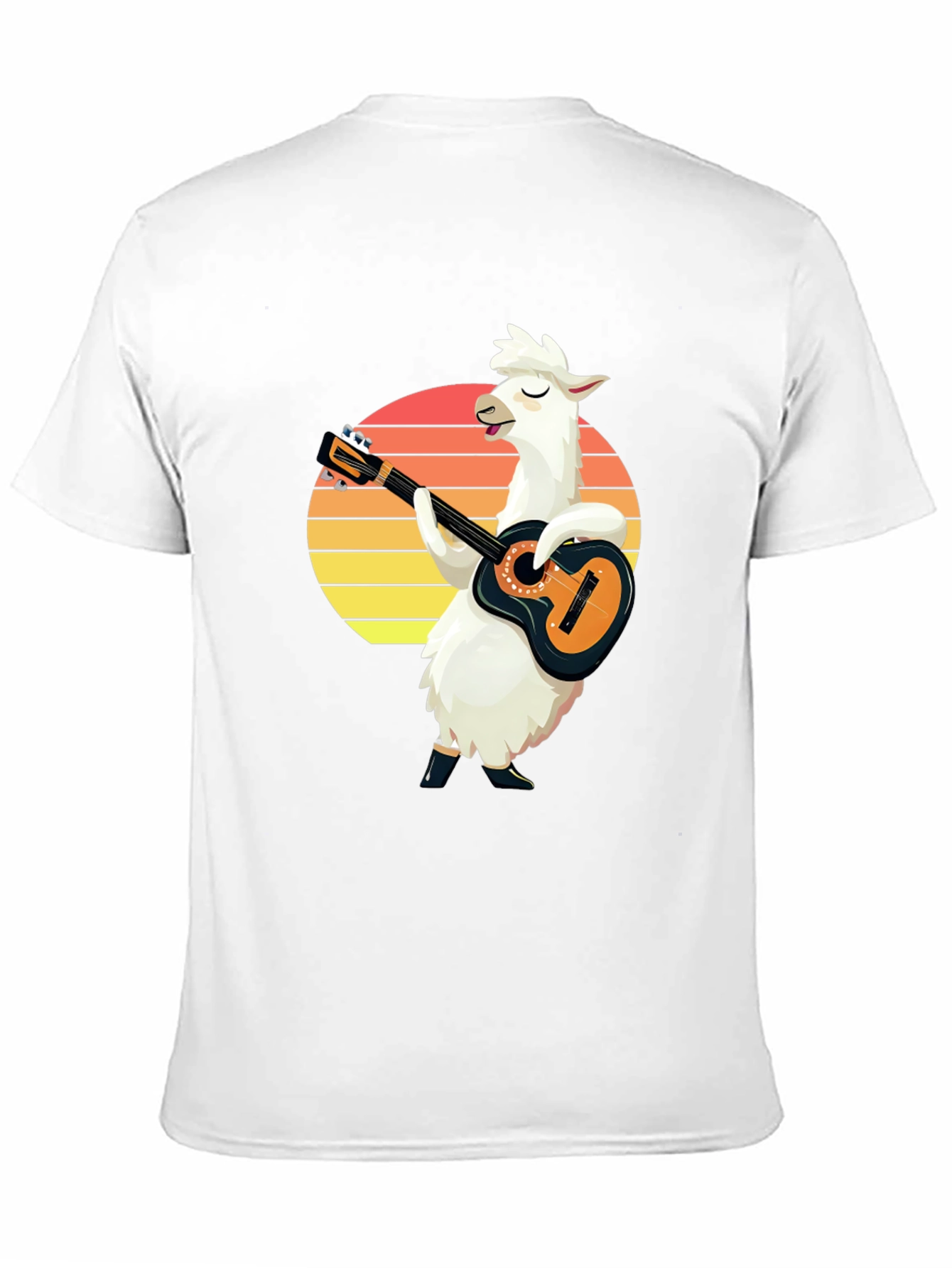 Llama Guitarist T-Shirt - Retro Sunset Black Tee