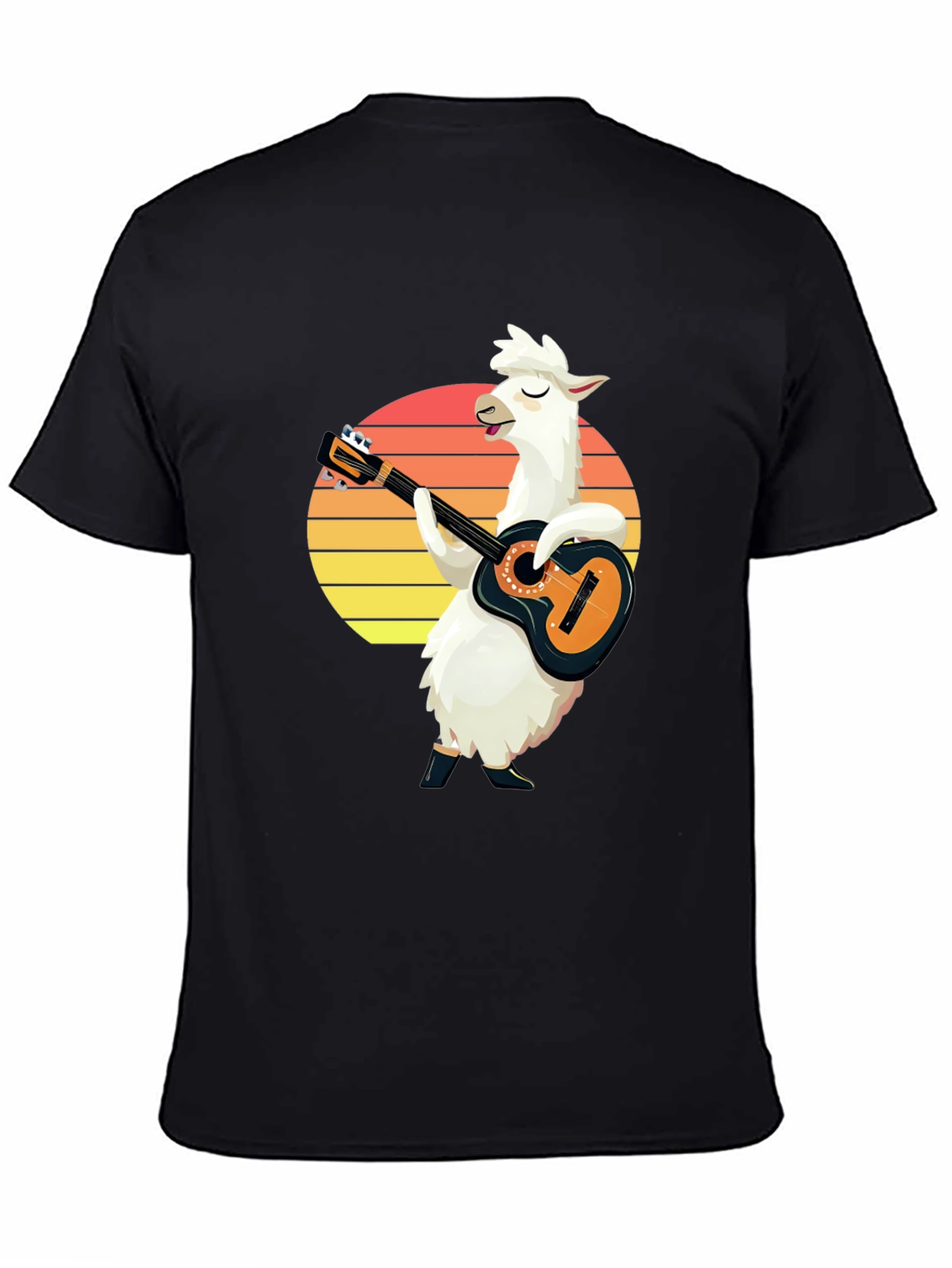 Llama Guitarist T-Shirt - Retro Sunset Black Tee
