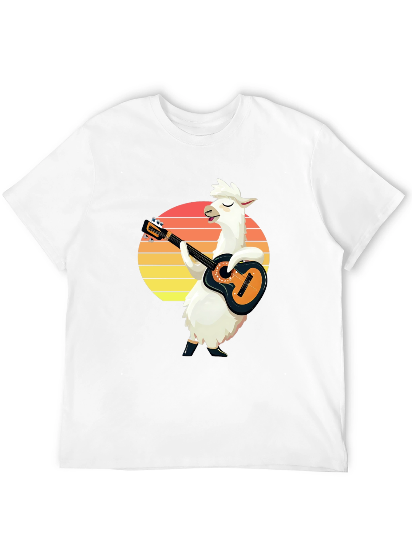 Llama Guitarist T-Shirt - Retro Sunset Black Tee