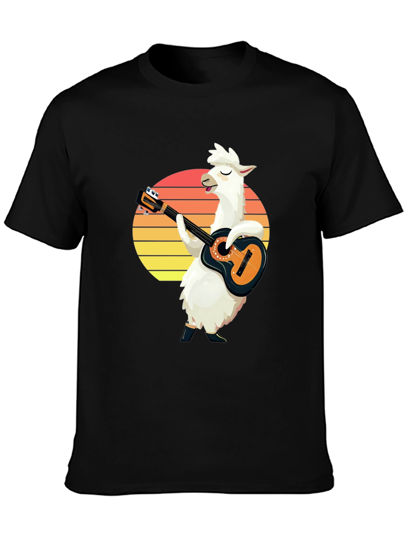 Llama Guitarist T-Shirt - Retro Sunset Black Tee
