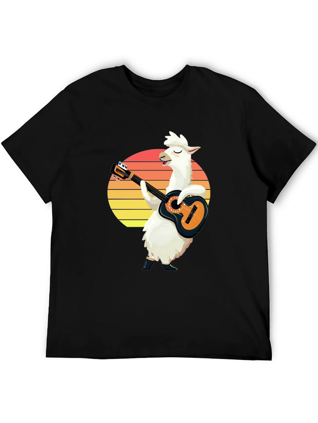 Llama Guitarist T-Shirt - Retro Sunset Black Tee