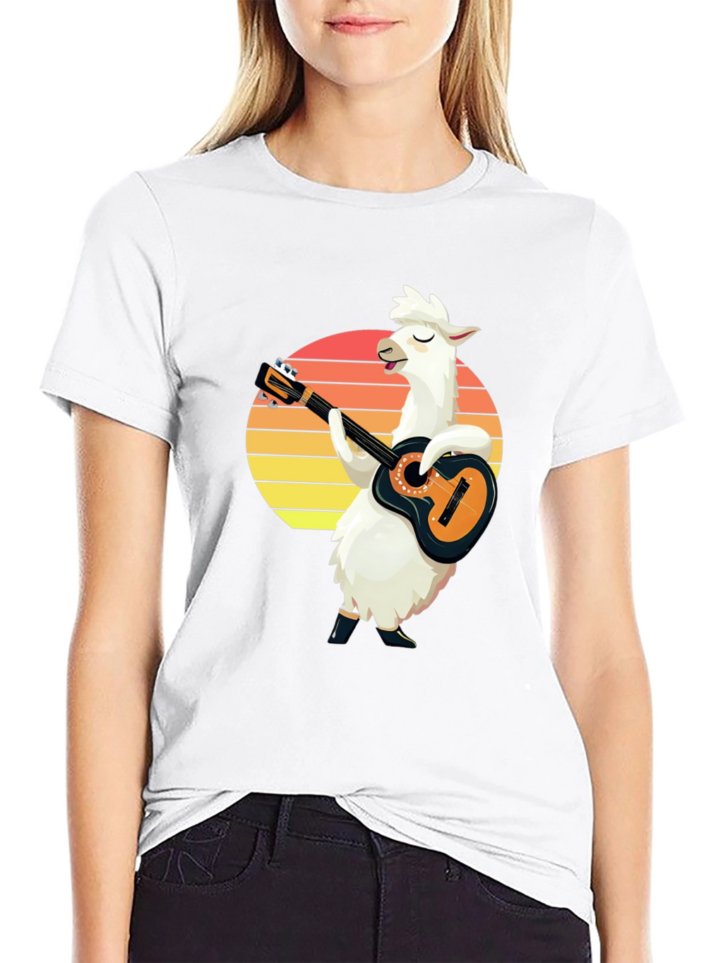 Llama Guitarist T-Shirt - Retro Sunset Black Tee