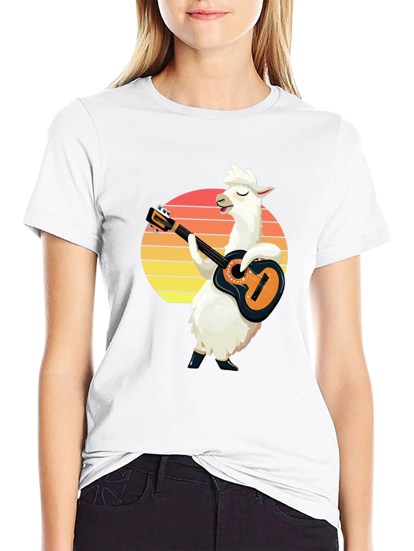 Llama Guitarist T-Shirt - Retro Sunset Black Tee
