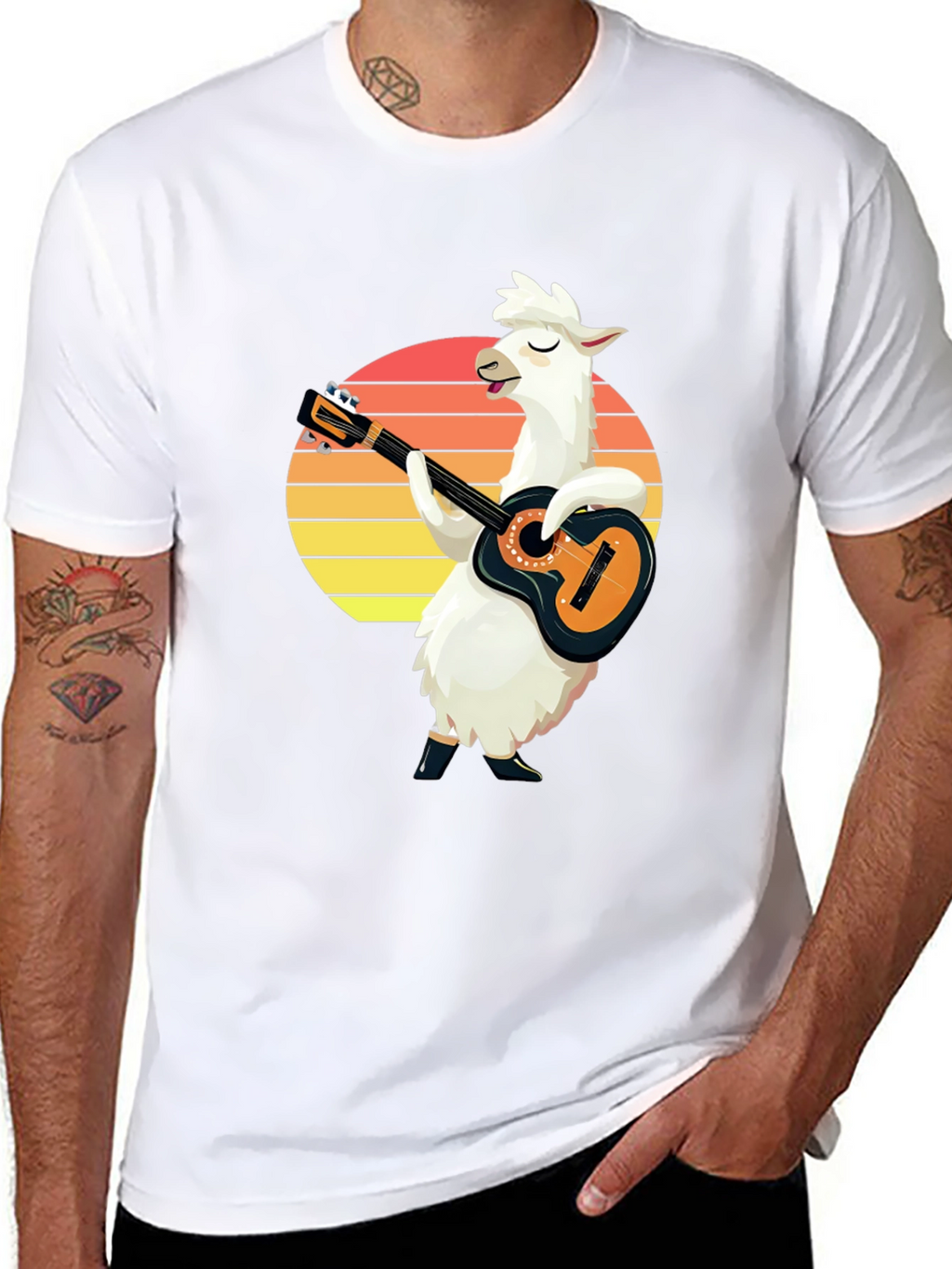 Llama Guitarist T-Shirt - Retro Sunset Black Tee