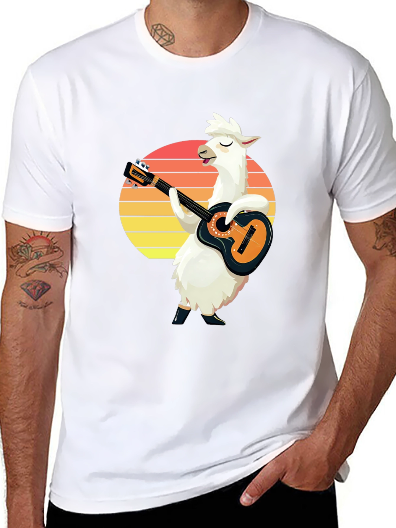 Llama Guitarist T-Shirt - Retro Sunset Black Tee