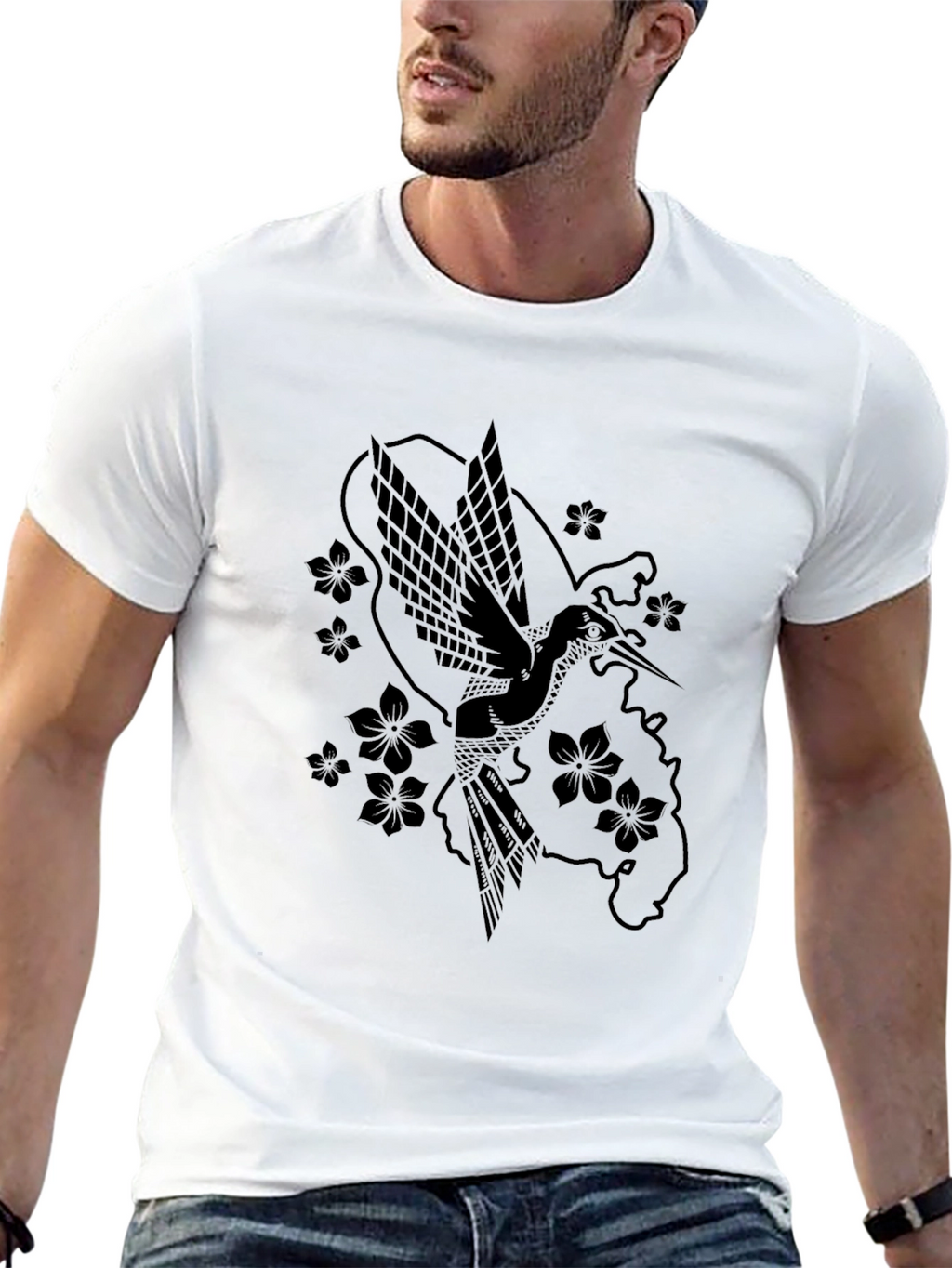Hummingbird & Flower Graphic Black T-Shirt