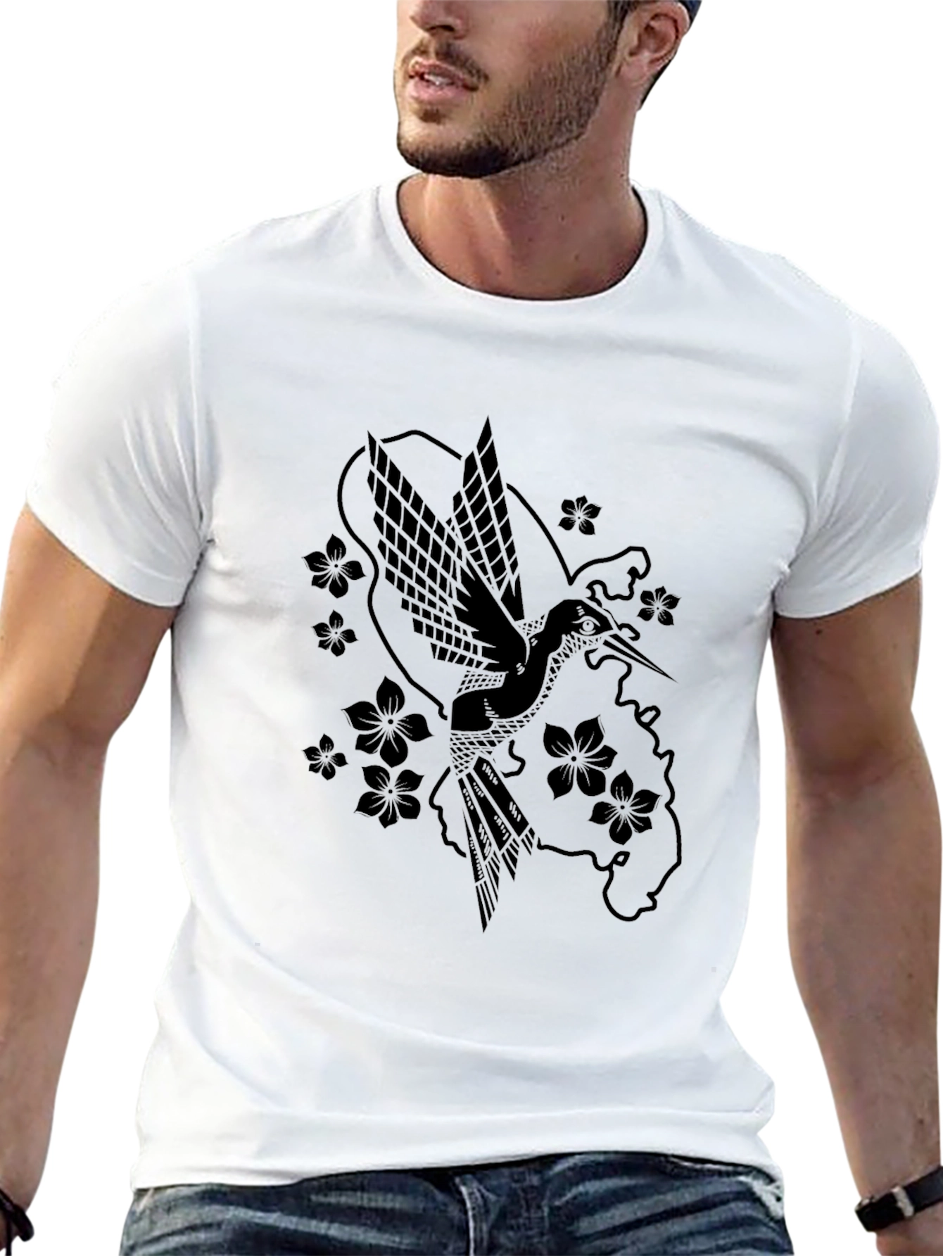 Hummingbird & Flower Graphic Black T-Shirt