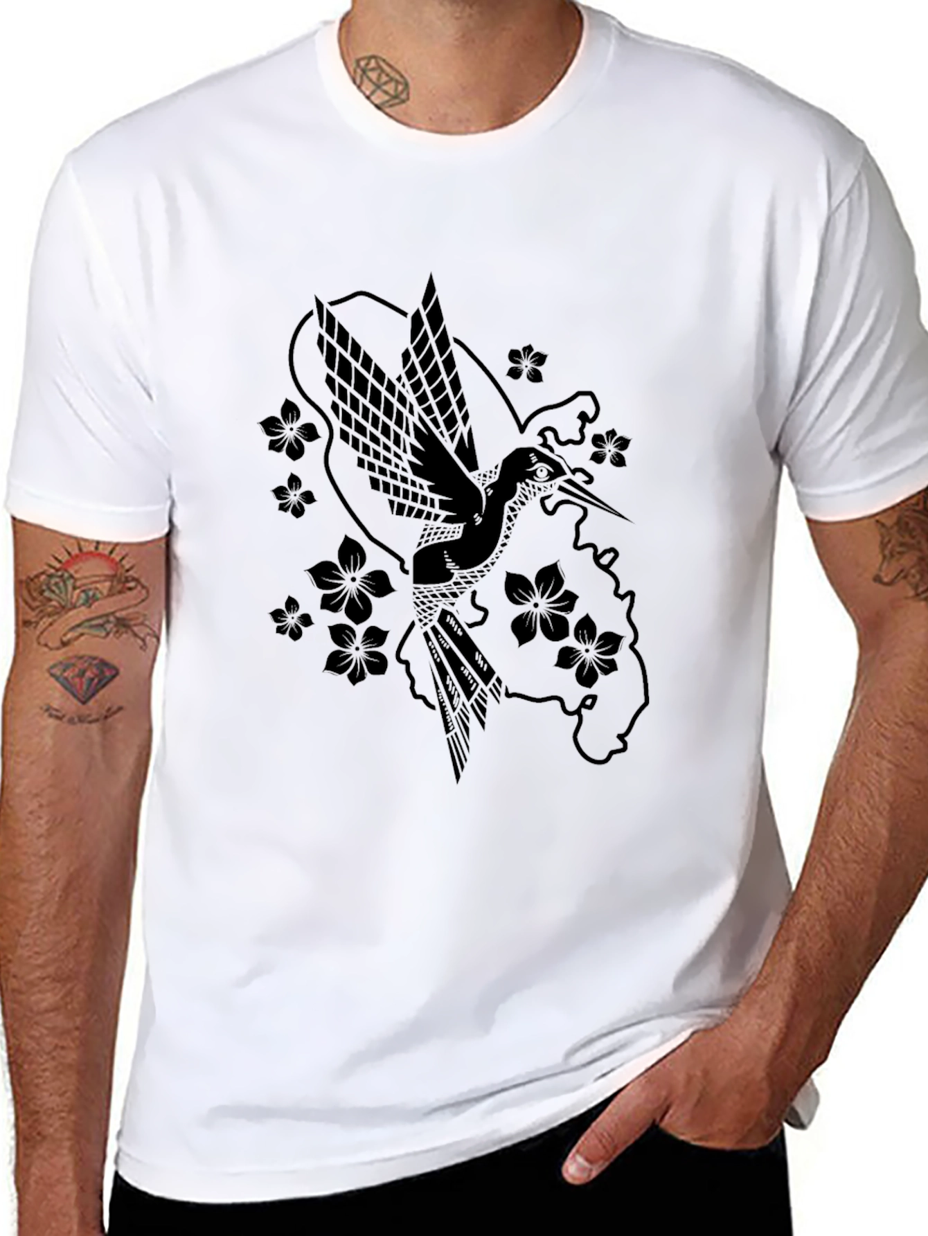 Hummingbird & Flower Graphic Black T-Shirt