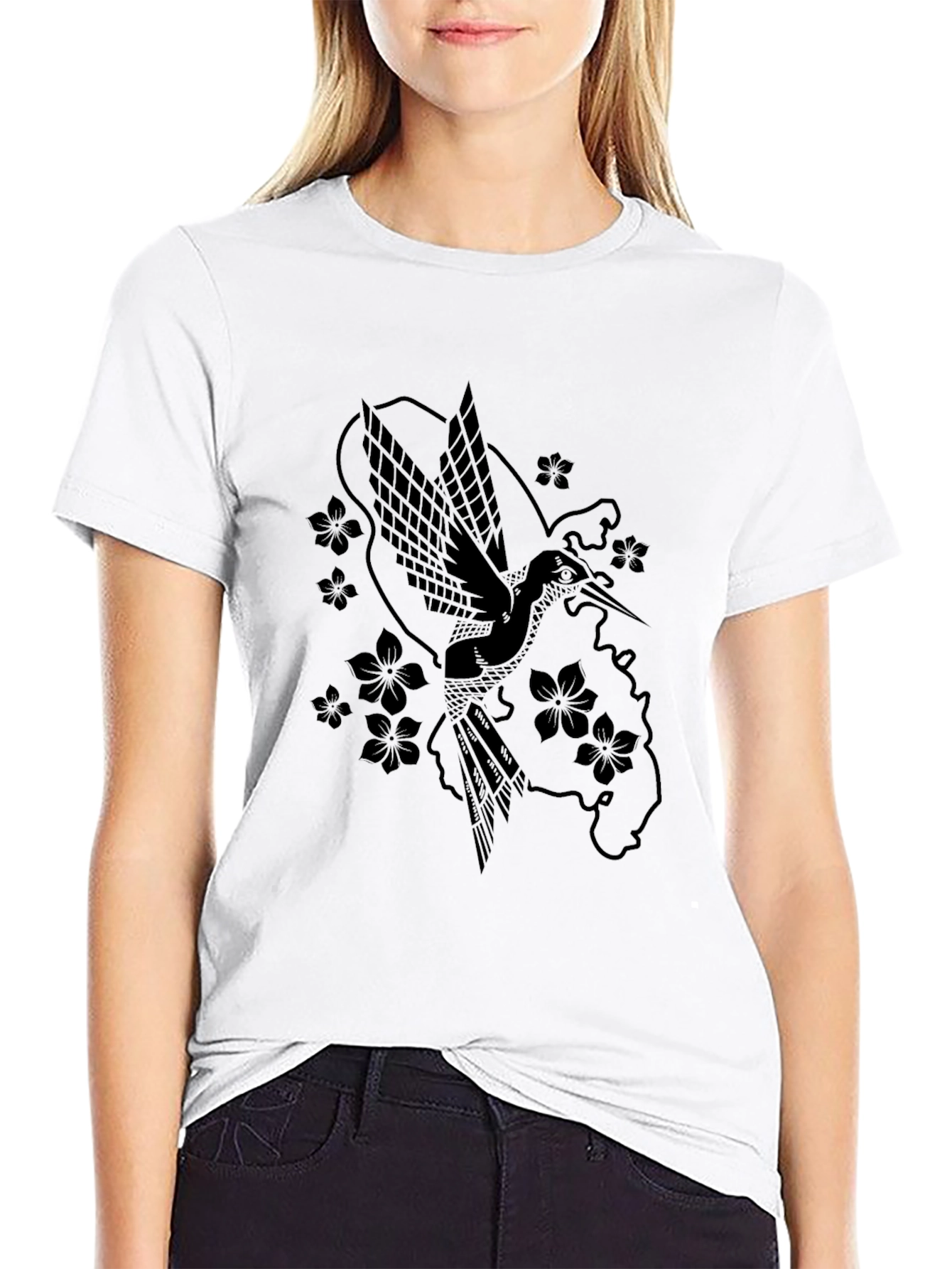 Hummingbird & Flower Graphic Black T-Shirt
