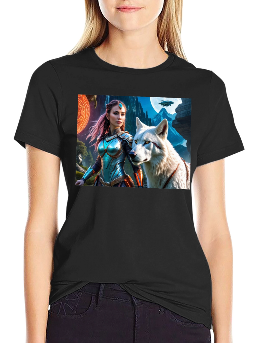 Fantasy Warrior and Wolf Graphic T-Shirt