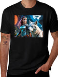 Fantasy Warrior and Wolf Graphic T-Shirt