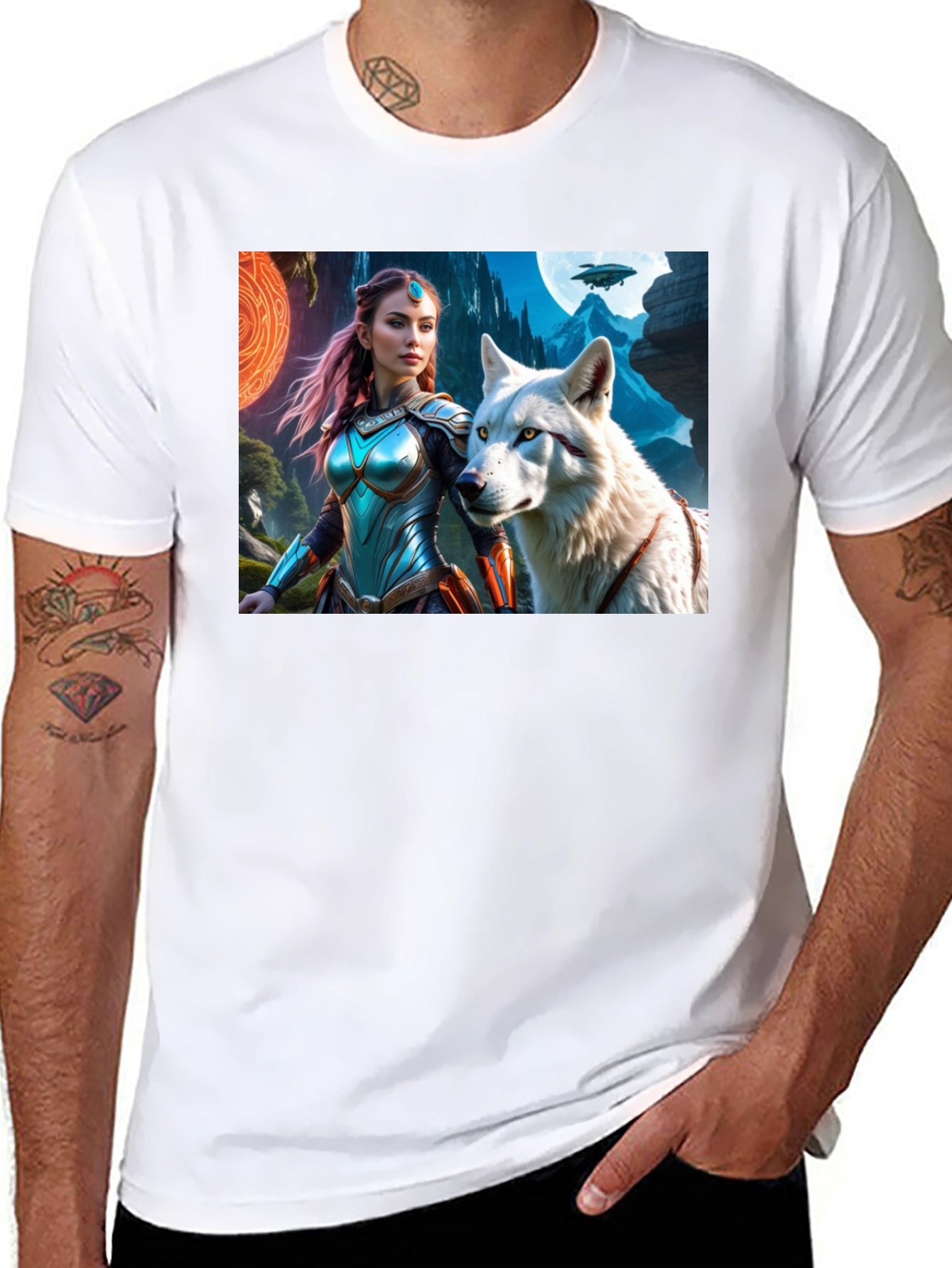 Fantasy Warrior and Wolf Graphic T-Shirt