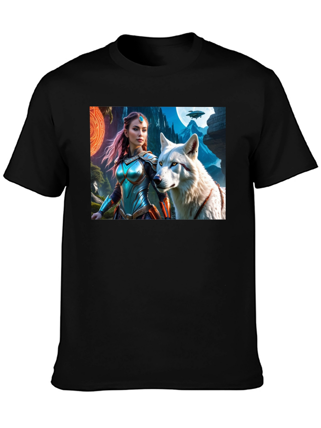 Fantasy Warrior and Wolf Graphic T-Shirt