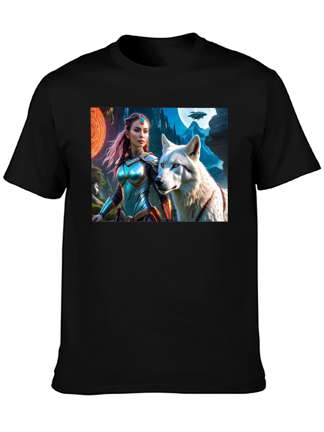 Fantasy Warrior and Wolf Graphic T-Shirt