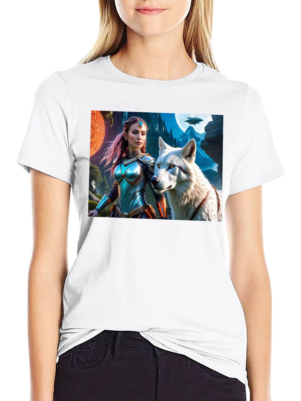 Fantasy Warrior and Wolf Graphic T-Shirt