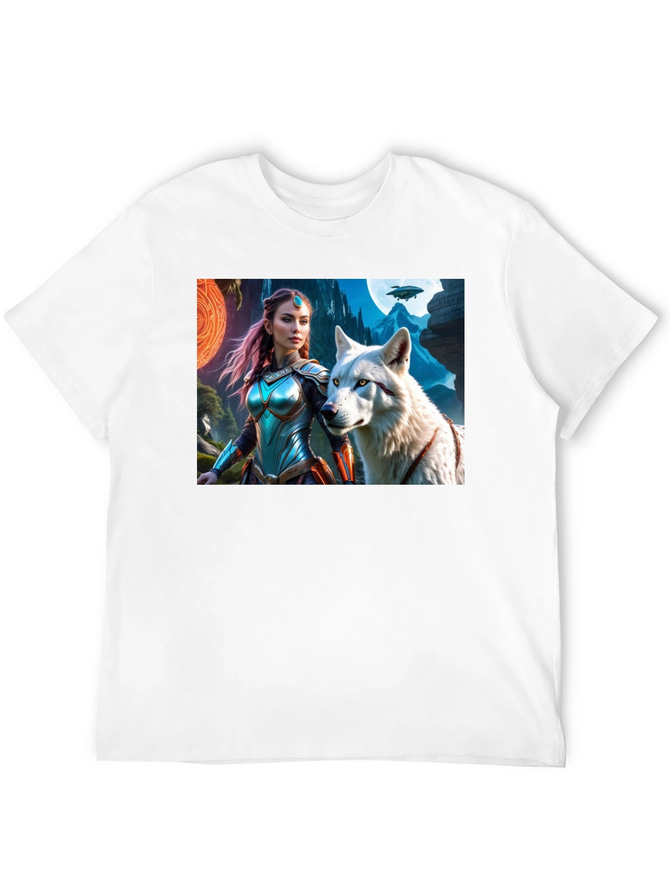 Fantasy Warrior and Wolf Graphic T-Shirt