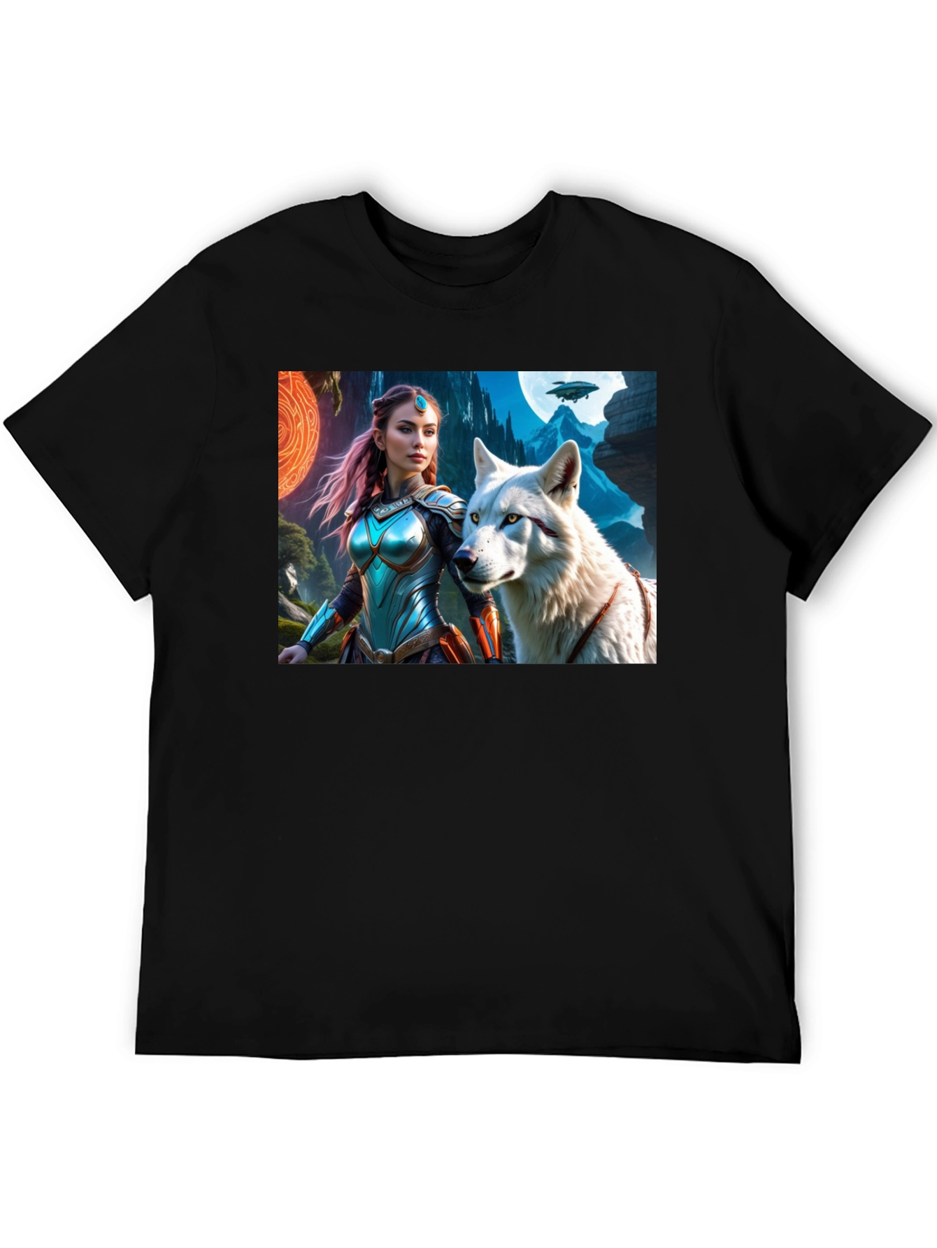 Fantasy Warrior and Wolf Graphic T-Shirt