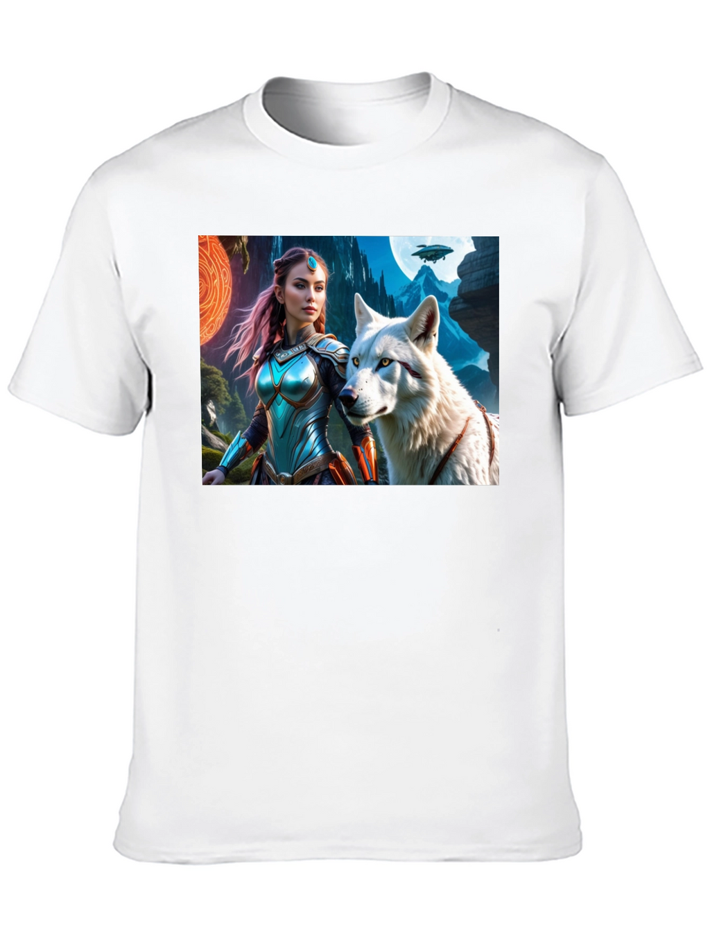 Fantasy Warrior and Wolf Graphic T-Shirt