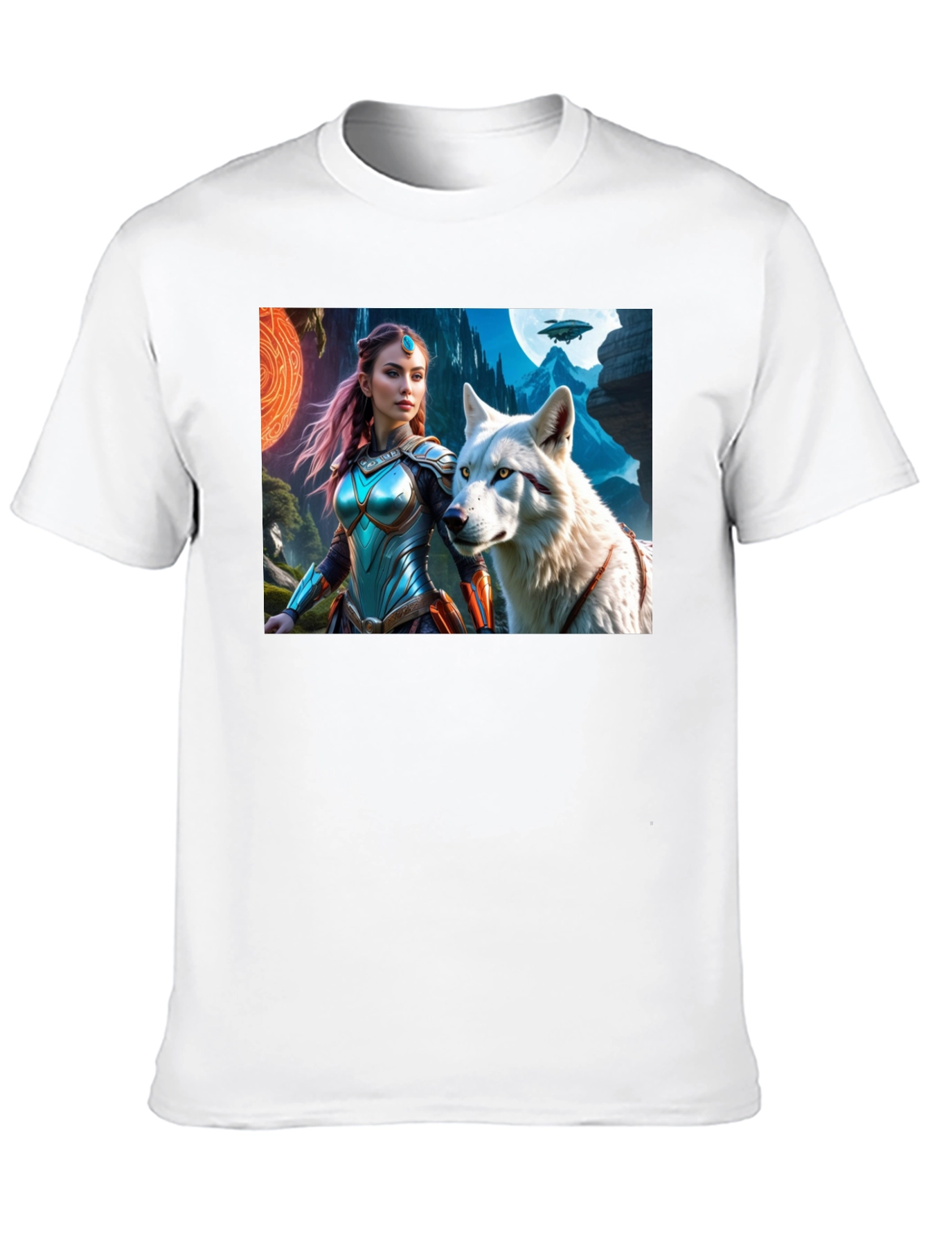 Fantasy Warrior and Wolf Graphic T-Shirt