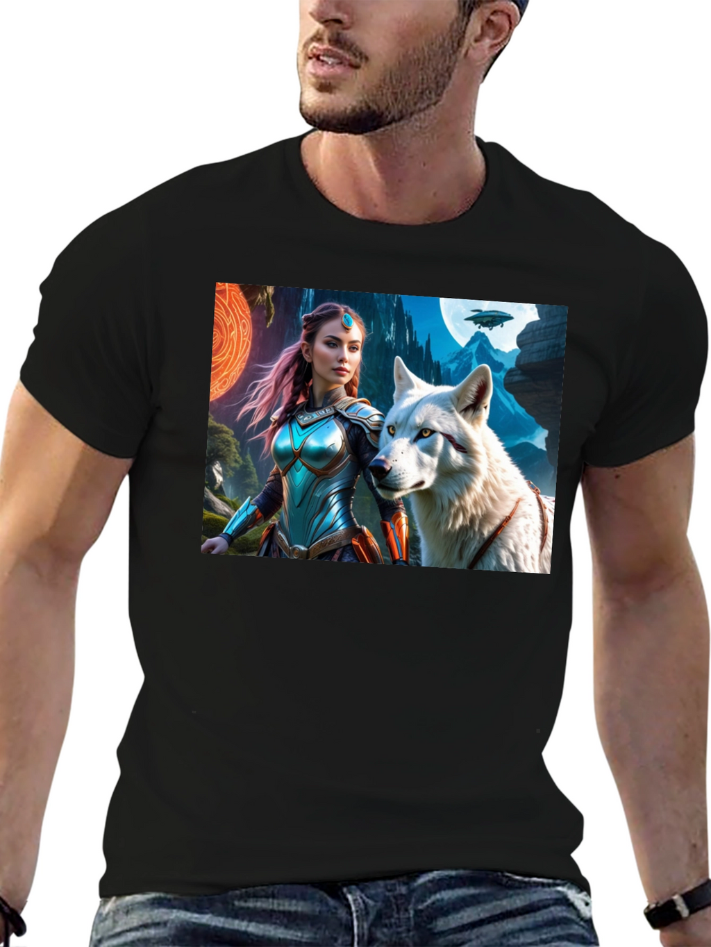 Fantasy Warrior and Wolf Graphic T-Shirt