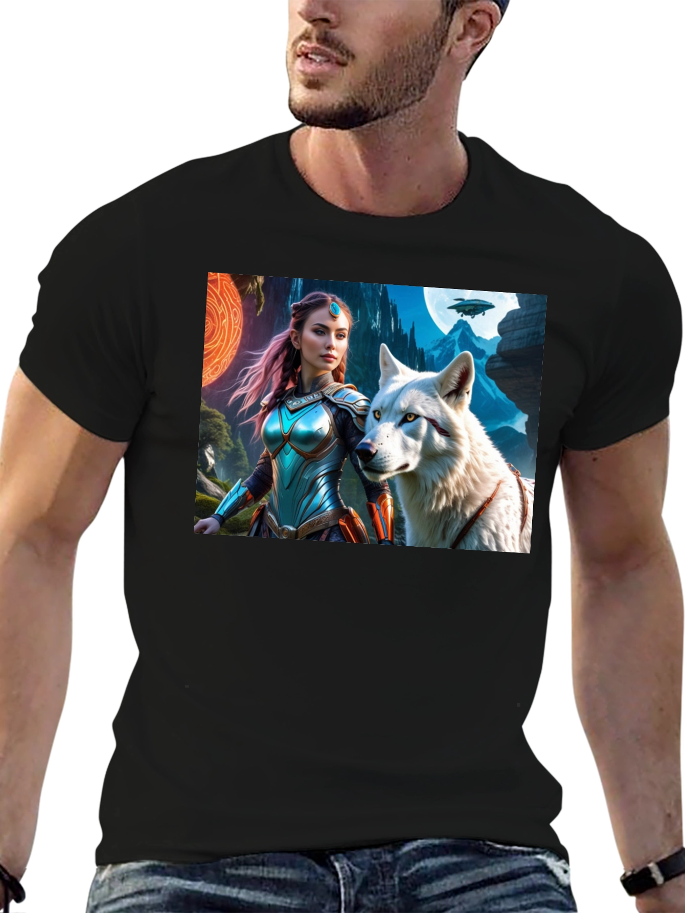 Fantasy Warrior and Wolf Graphic T-Shirt