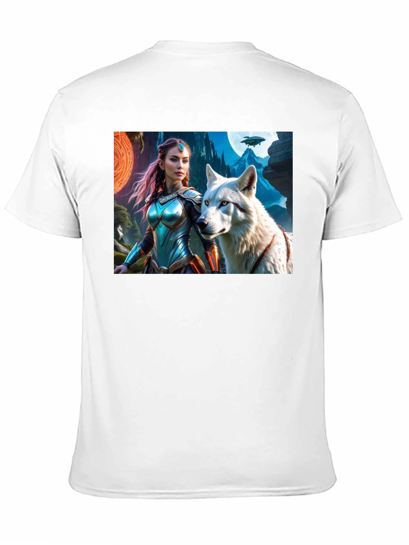 Fantasy Warrior and Wolf Graphic T-Shirt