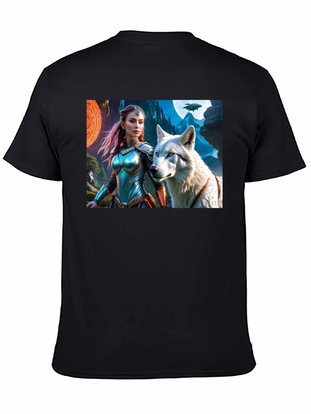 Fantasy Warrior and Wolf Graphic T-Shirt