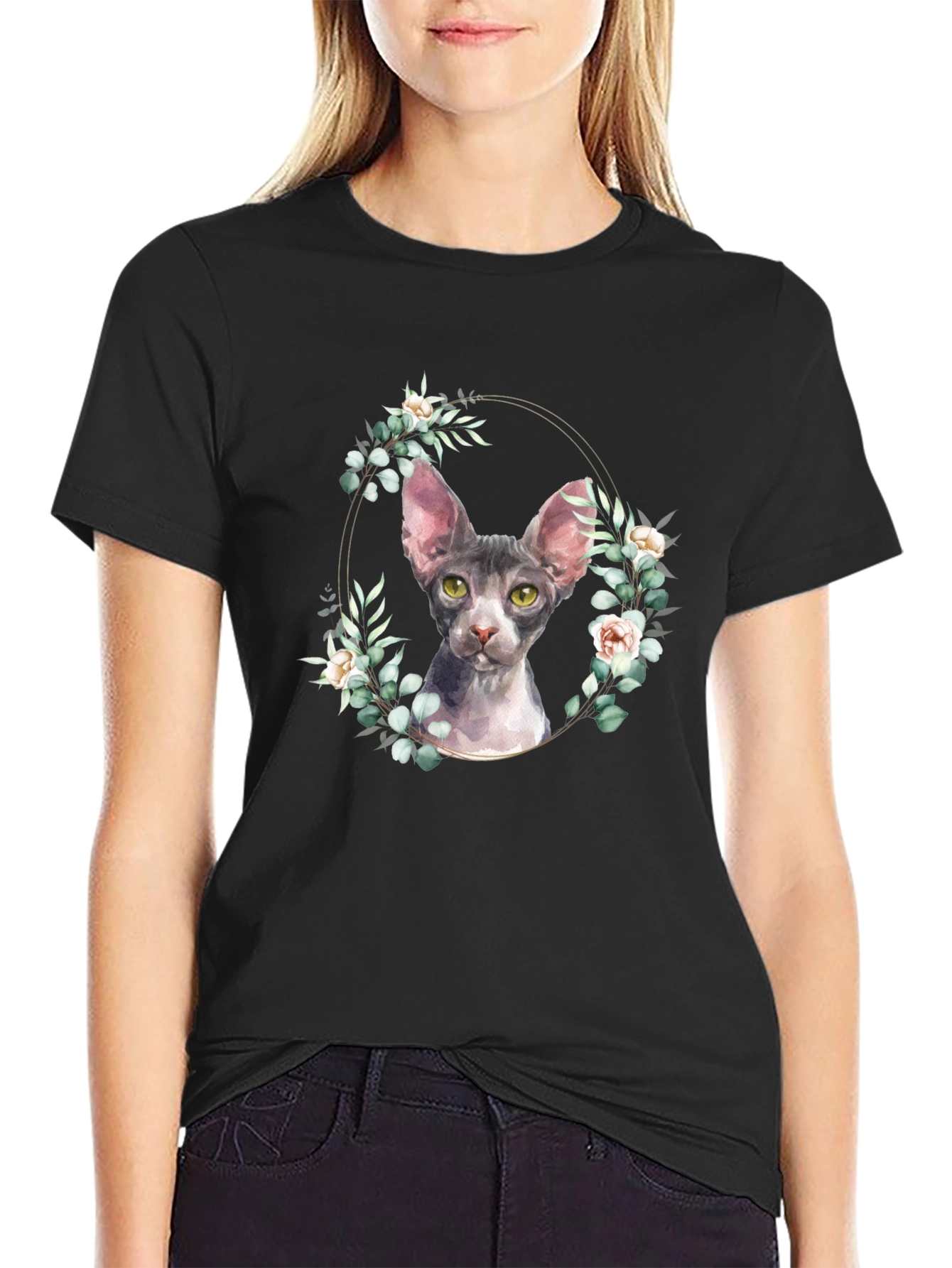 Sphynx Cat Floral Wreath T-Shirt