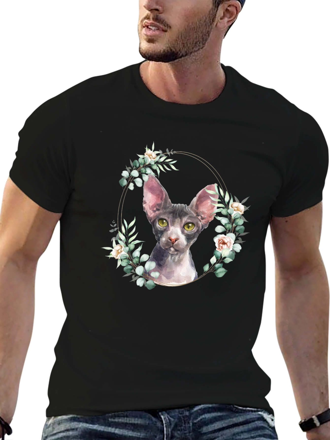 Sphynx Cat Floral Wreath T-Shirt