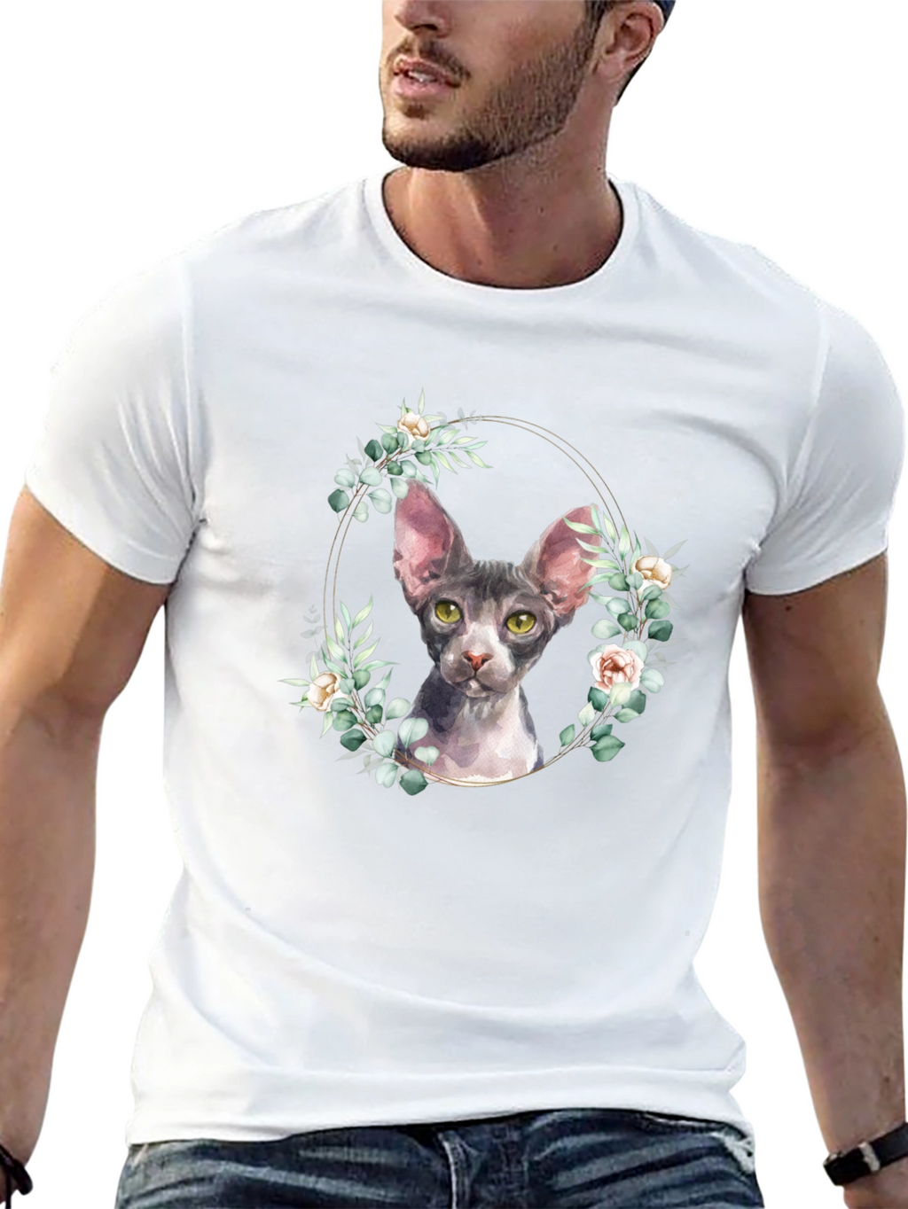 Sphynx Cat Floral Wreath T-Shirt