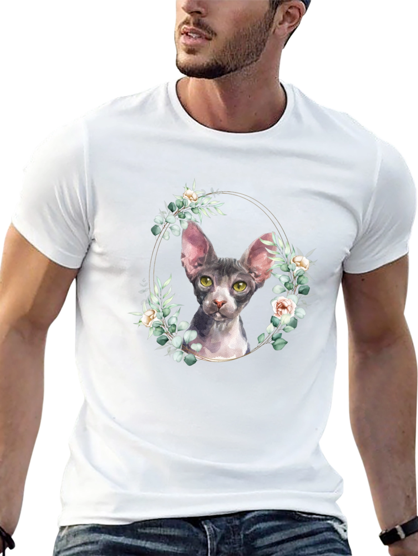 Sphynx Cat Floral Wreath T-Shirt
