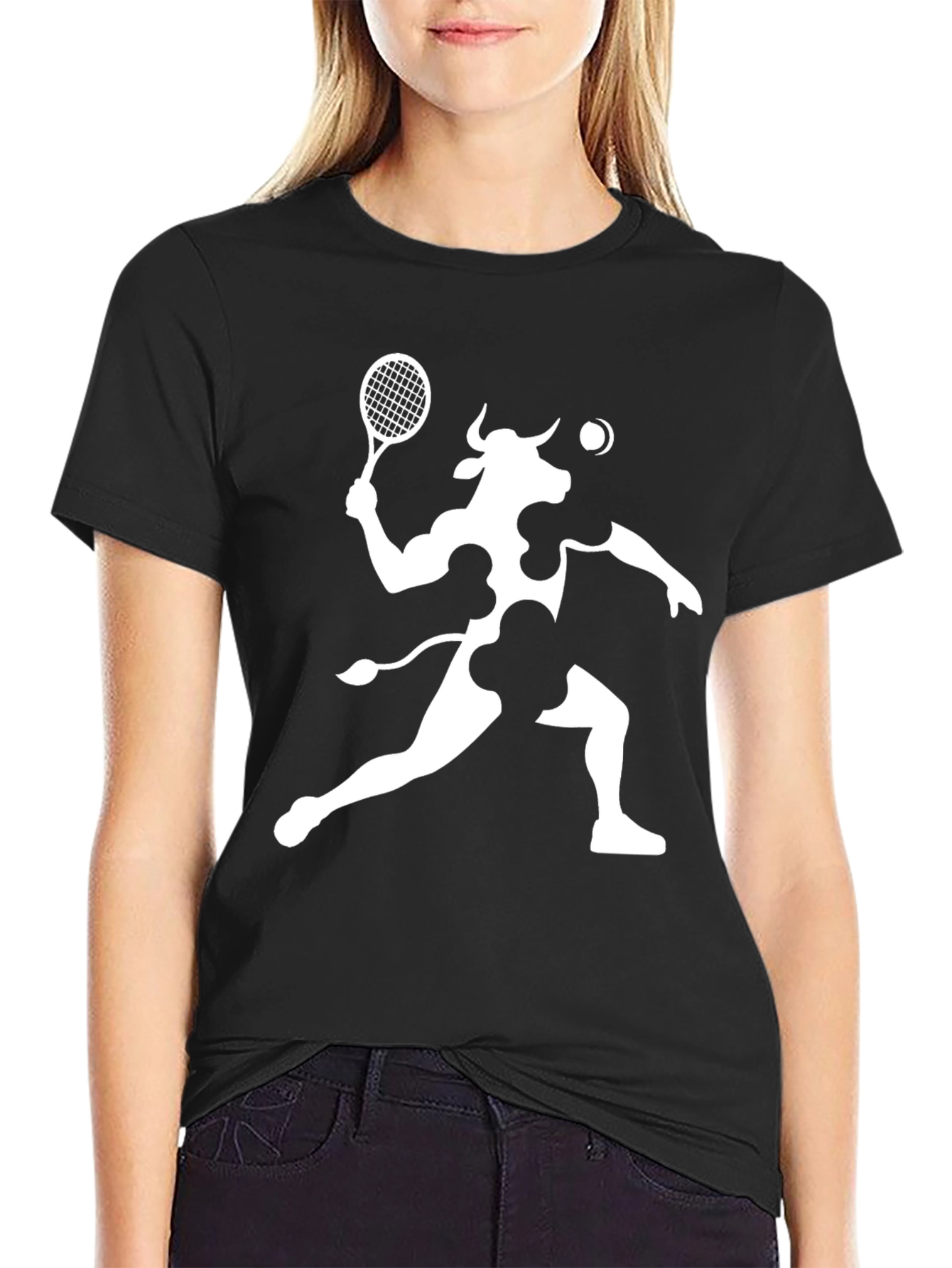 Cow Tennis Player Black T-Shirt