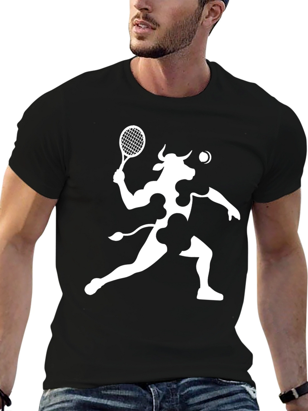 Cow Tennis Player Black T-Shirt