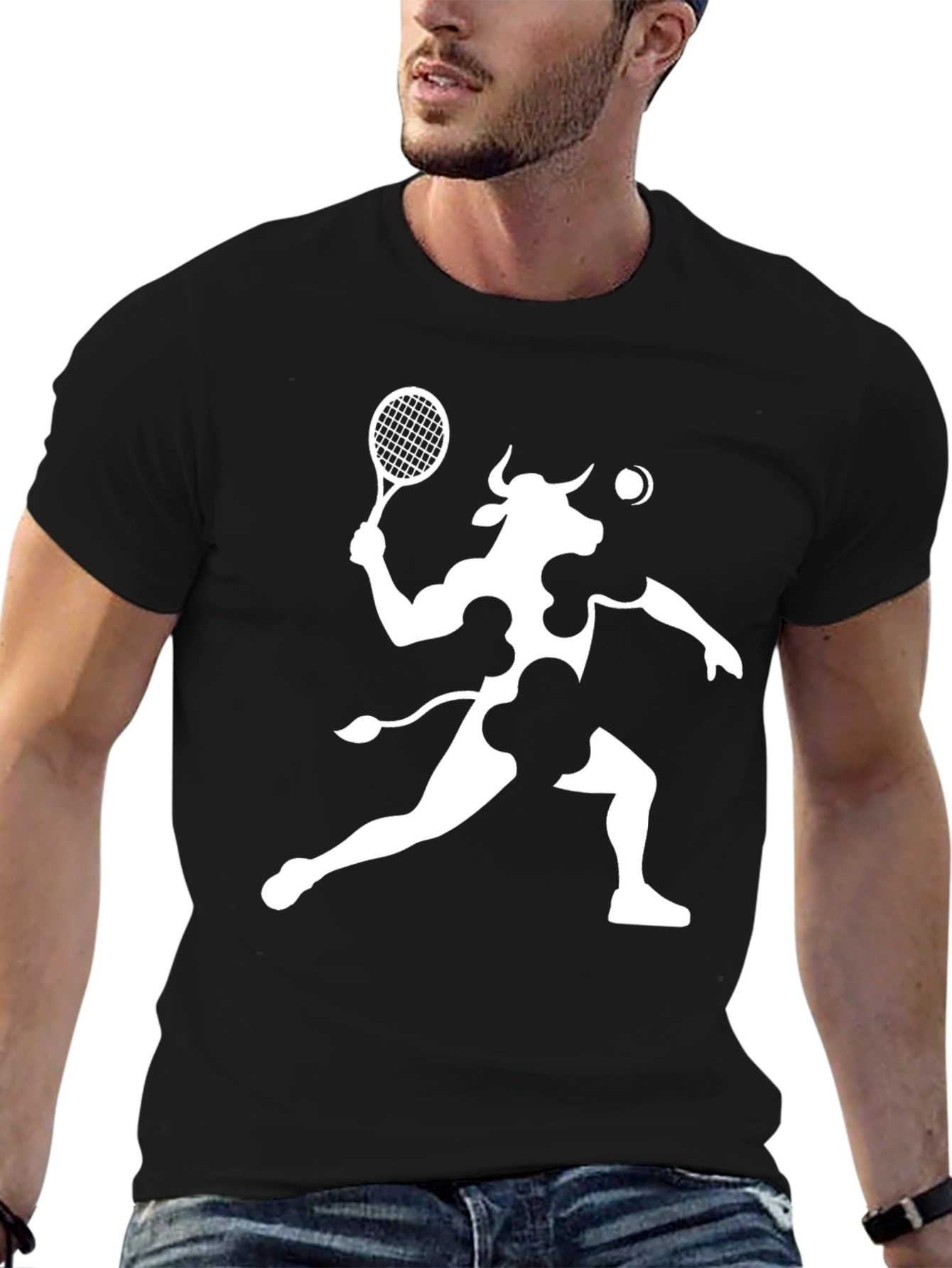 Cow Tennis Player Black T-Shirt