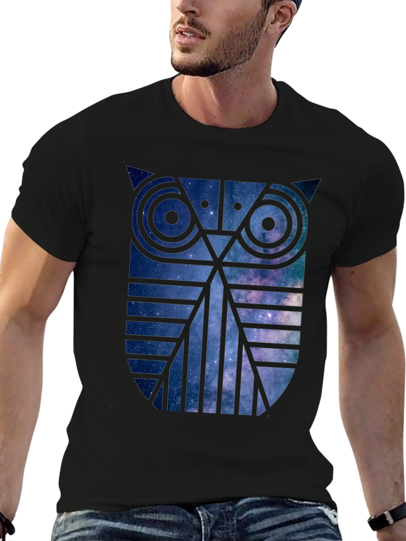 Galaxy Owl Graphic Print Crew Neck T-Shirt
