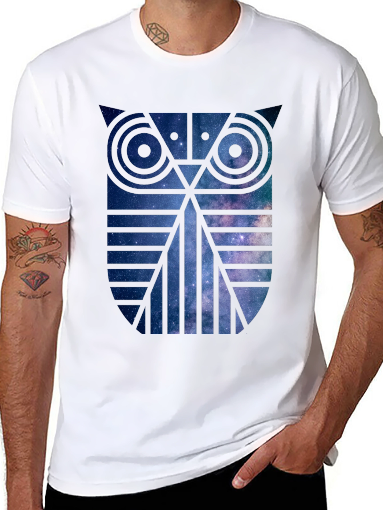 Galaxy Owl Graphic Print Crew Neck T-Shirt
