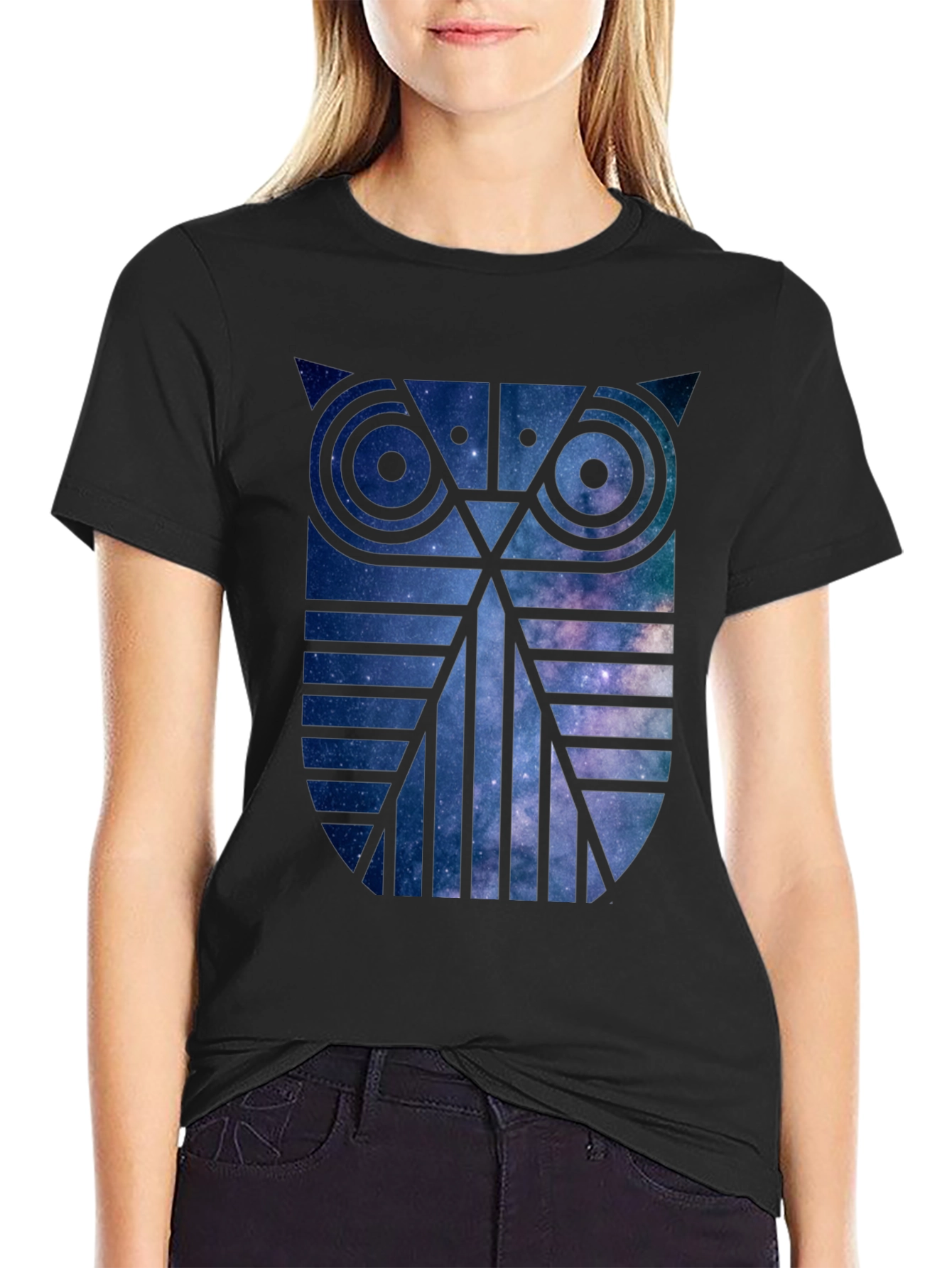 Galaxy Owl Graphic Print Crew Neck T-Shirt