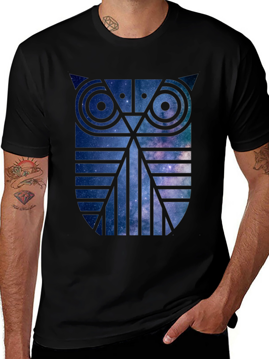 Galaxy Owl Graphic Print Crew Neck T-Shirt