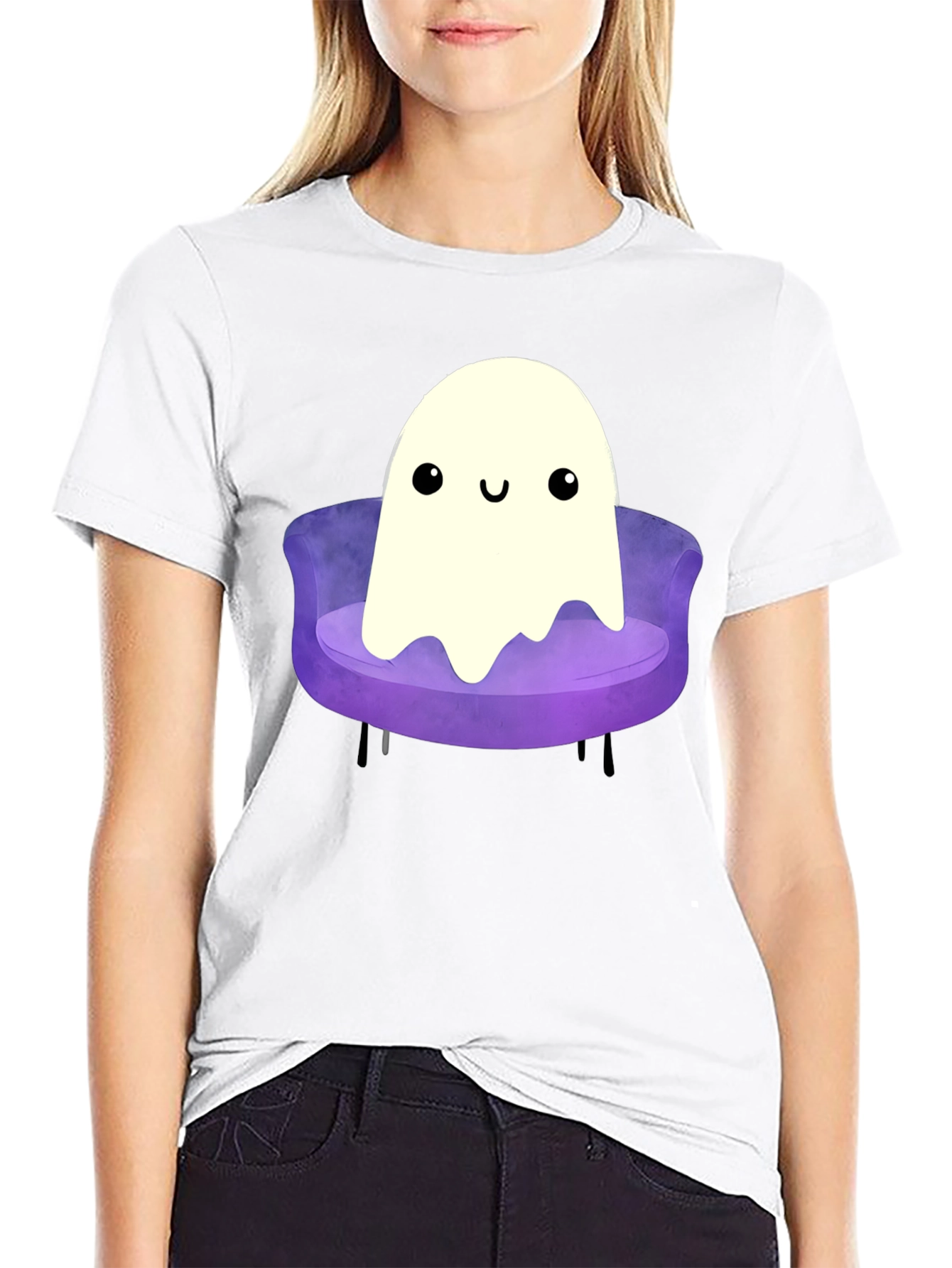 Cute Ghost on Couch Graphic Tee - Black Cotton Comfort