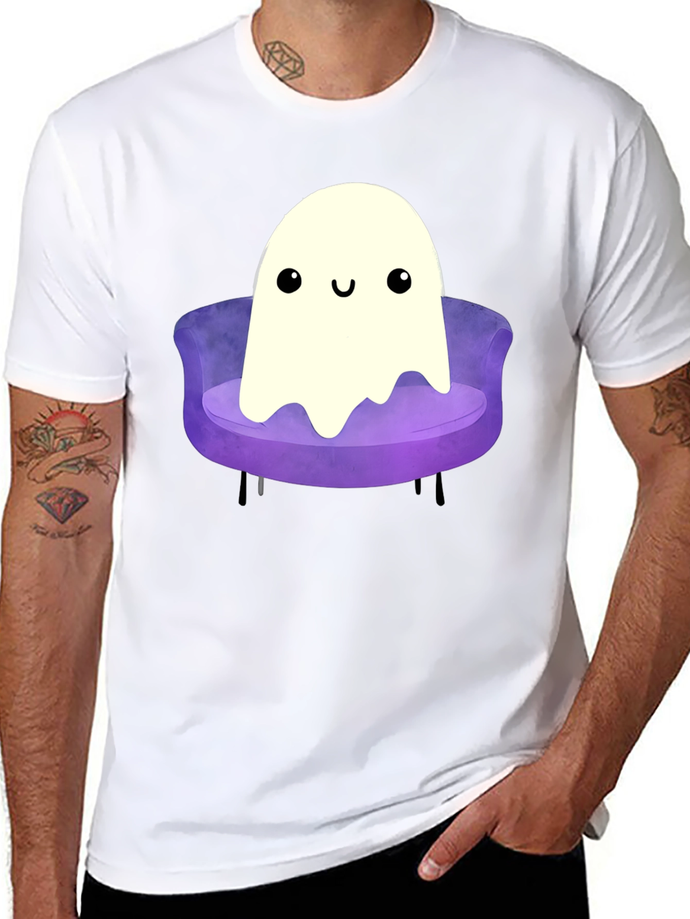 Cute Ghost on Couch Graphic Tee - Black Cotton Comfort