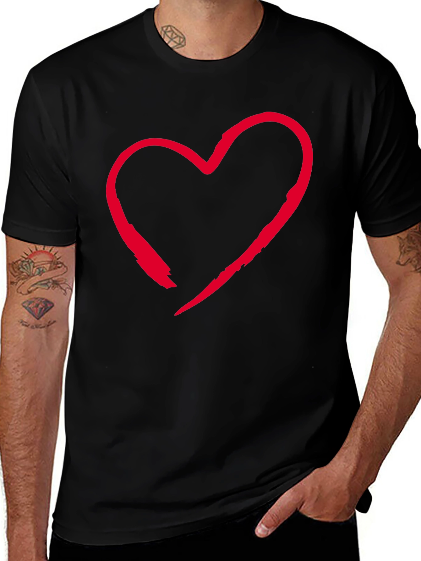 Red Heart Graphic Black T-Shirt Casual Style